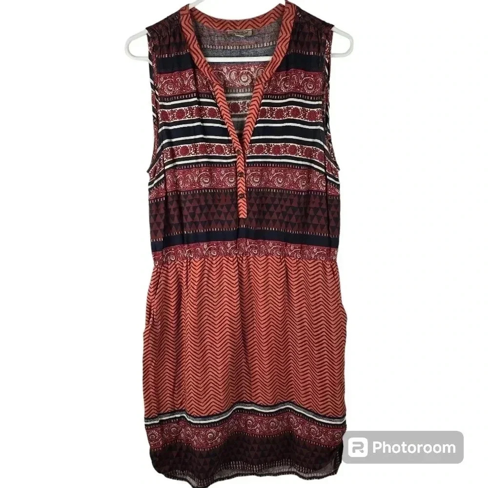 Lucky Brand Mandarin Tie Dress Rayon Button Up Sleeveless Red Boho size M